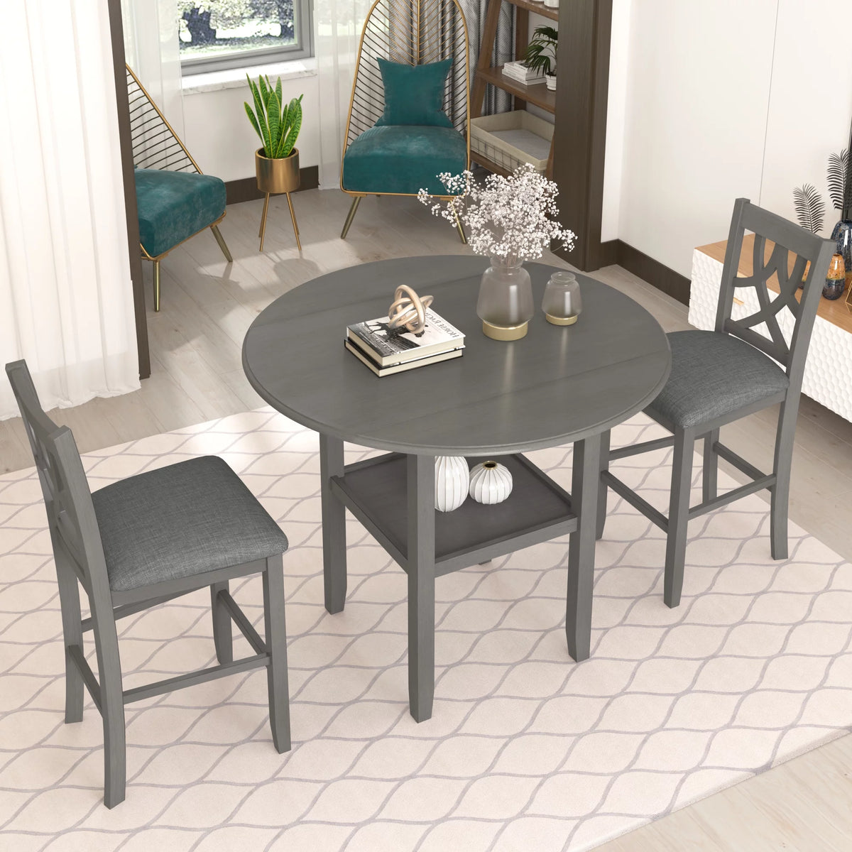 3 Piece Wooden Drop Leaf Dining Table Set with Storage A72512