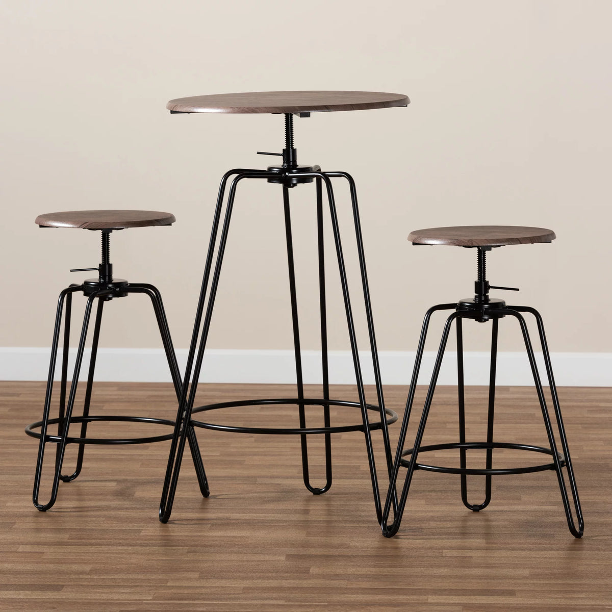 Walnut Finished Wood and Black Metal 3-Piece Adjustable Bar Set A95766
