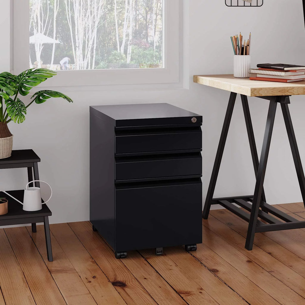 3 Drawer Black Mobile File Cabinet with Lock Q21014