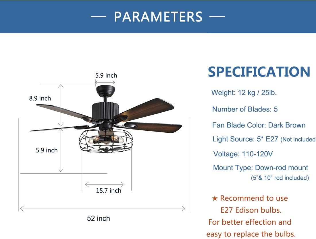 48 Retro Industrial Cage Ceiling Fan with Lights and Remote N7292