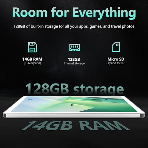Android 14 Tablet 10 Inch, 4G Cellular, Octa-Core, 128GB Storage + 14(8+6)GB RAM, 1TB Expandable, 5G WiFi, 8000mAh Battery, Bluetooth 5.0, 13MP+8MP Camera, with Keyboard/Case, Silver J80503