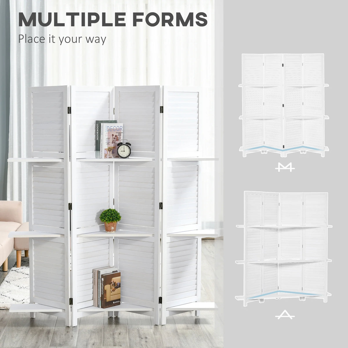 67" 4 Panel Wooden Privacy Screen Divider with Shelves O141586