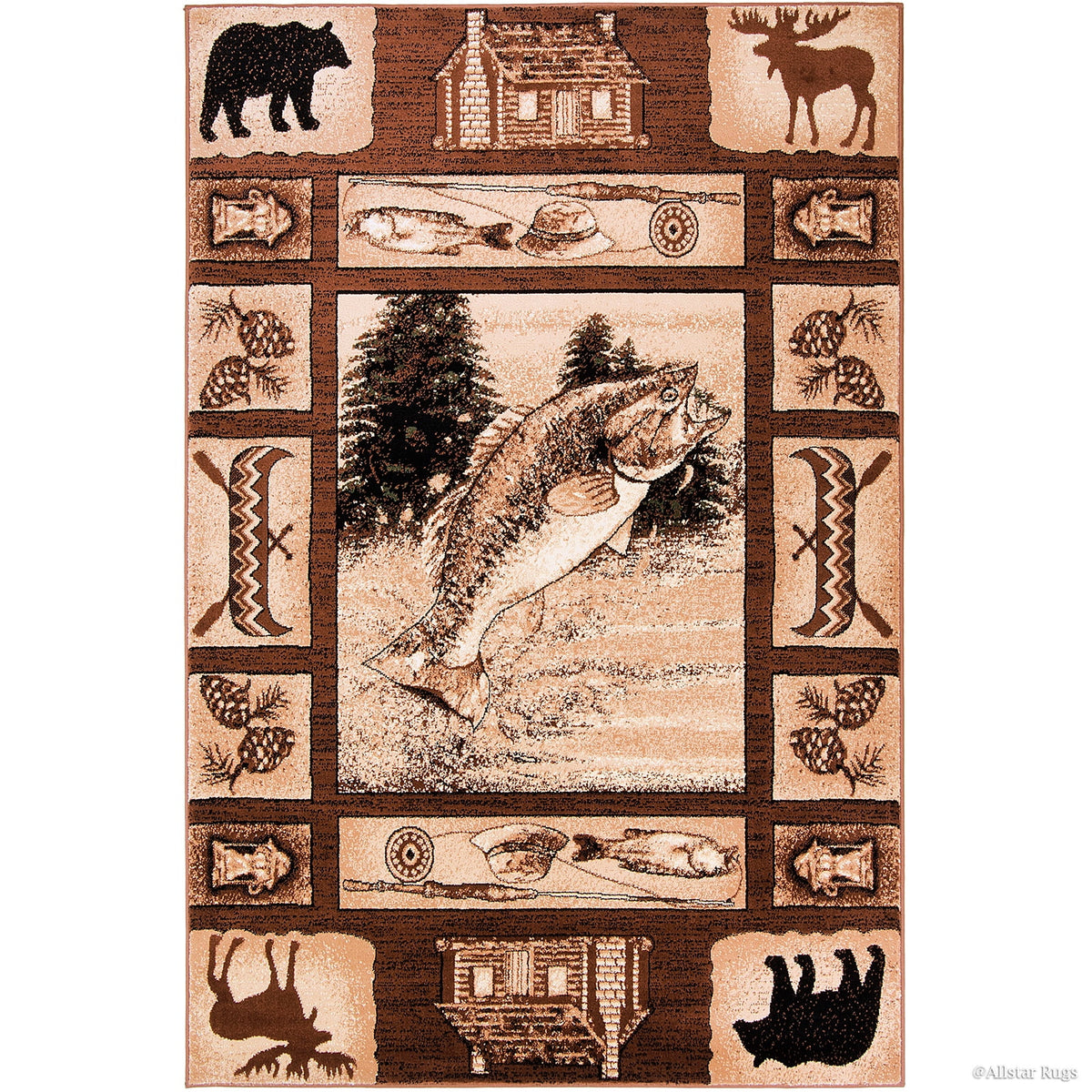 Brown Prints Fish Acorns Bear Cabin Moose Wildlife Area Rug (3' 9" x 5' 1") Y125
