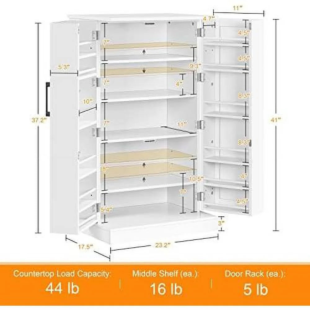 White Wood Pantry Cabinet with Doors and Adjustable Shelves J520166