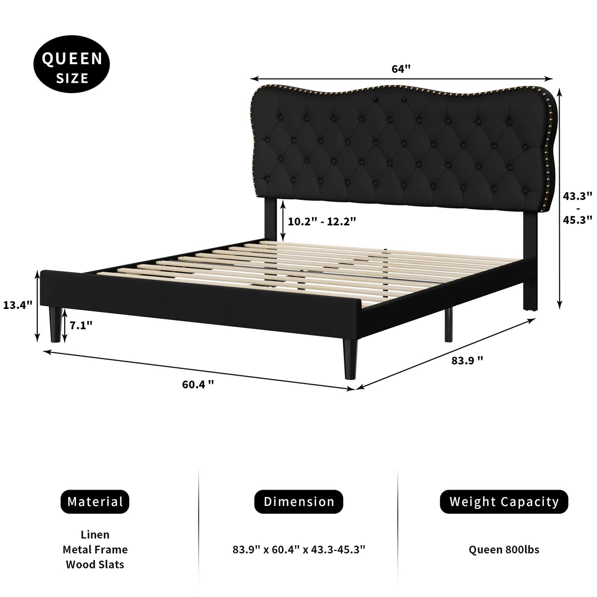 Queen Size Black Linen Upholstered Platform Bed with Adjustable Headboard C114478