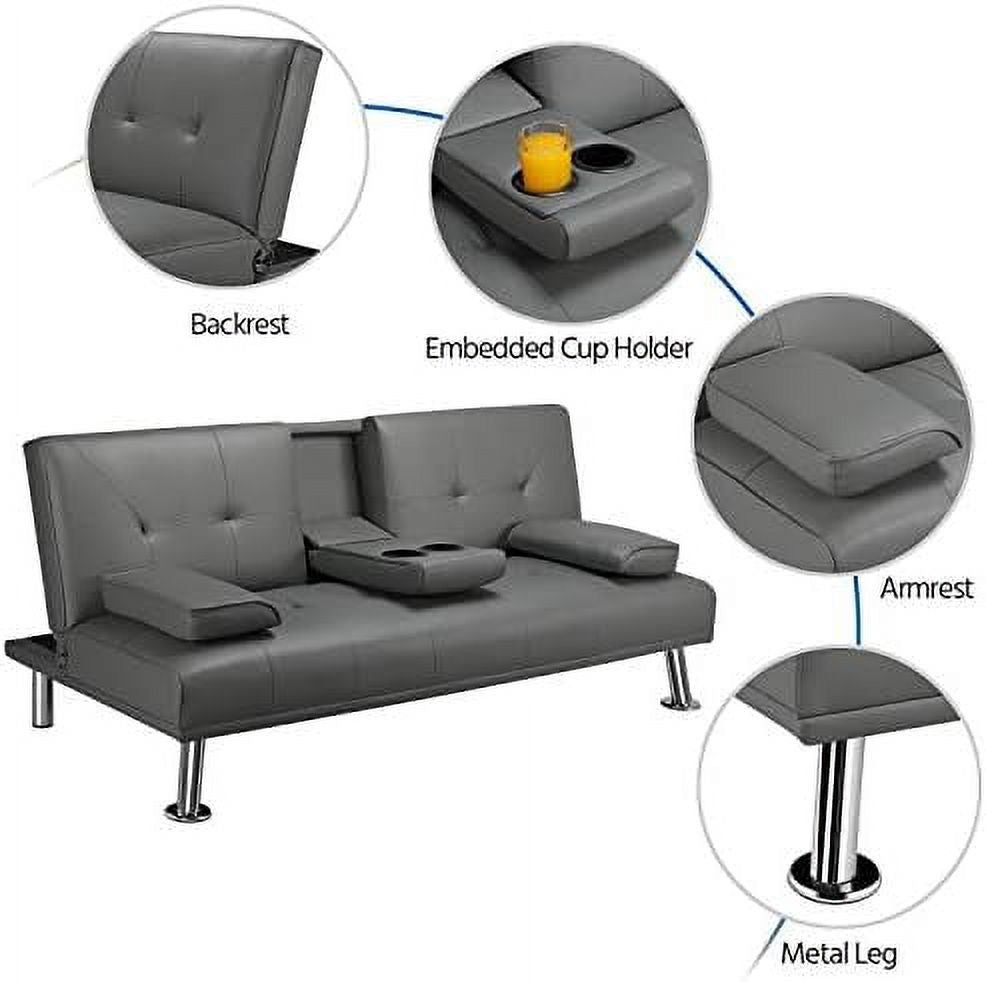 Gray Faux Leather Sofa Bed Futon with Armrest O963