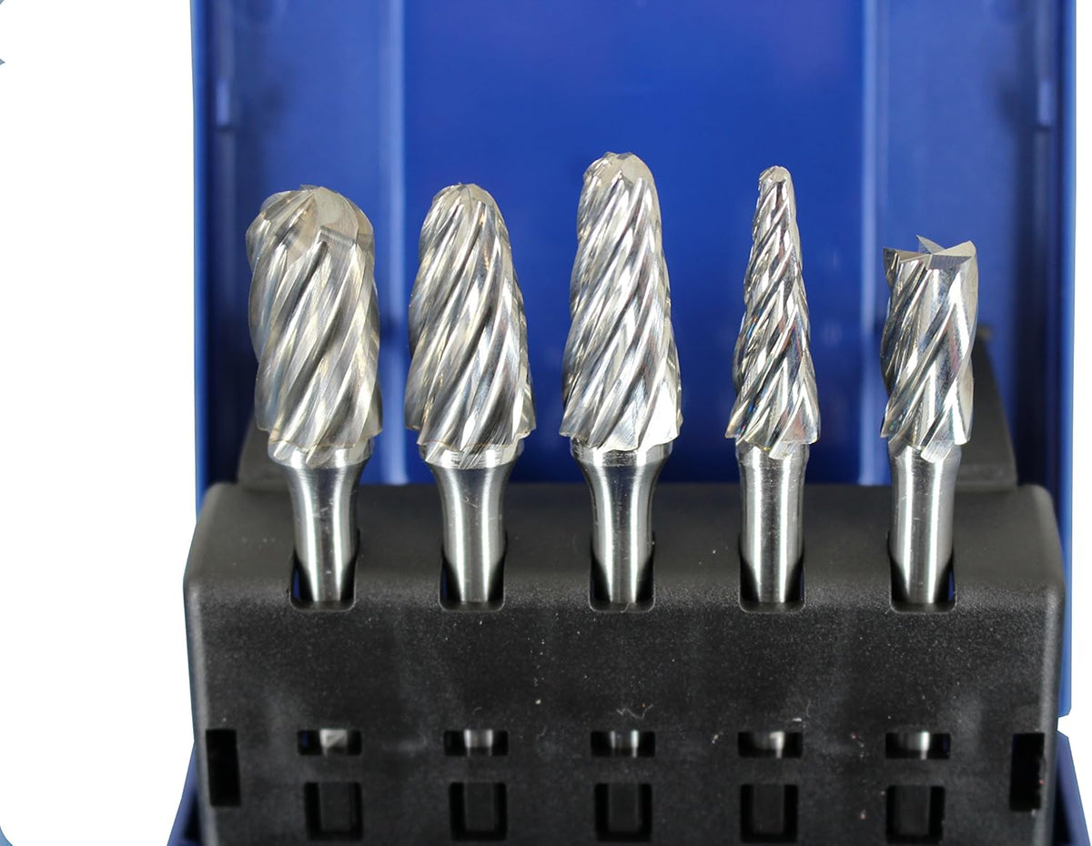 5 pc Set Aluminum Carbide Rotary Burr File, 1/2 Inch and 3/8 Inch Head, 1/4 Inch Diameter 2 Inch Long Shank Z401