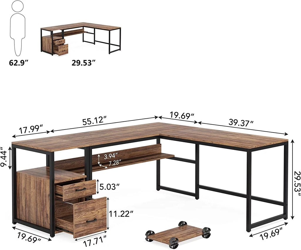 70 Inch L-Shaped Desk with Bookcase Cabinet and Drawers Z72477