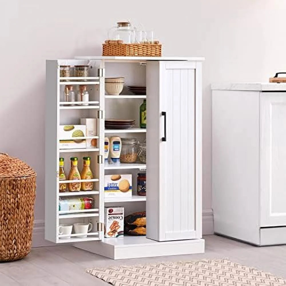 White Wood Pantry Cabinet with Doors and Adjustable Shelves J520166