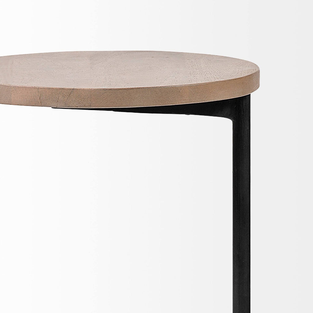 15 x 27 Round Top Brown Wood and Black Iron Base Accent Table B5315