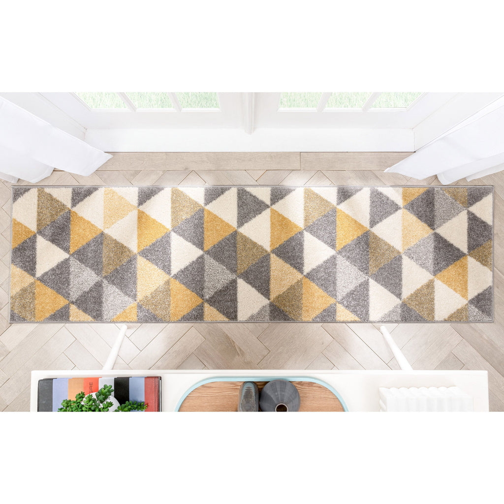 Gold & Grey Geometric Triangle Runner Rug P69509