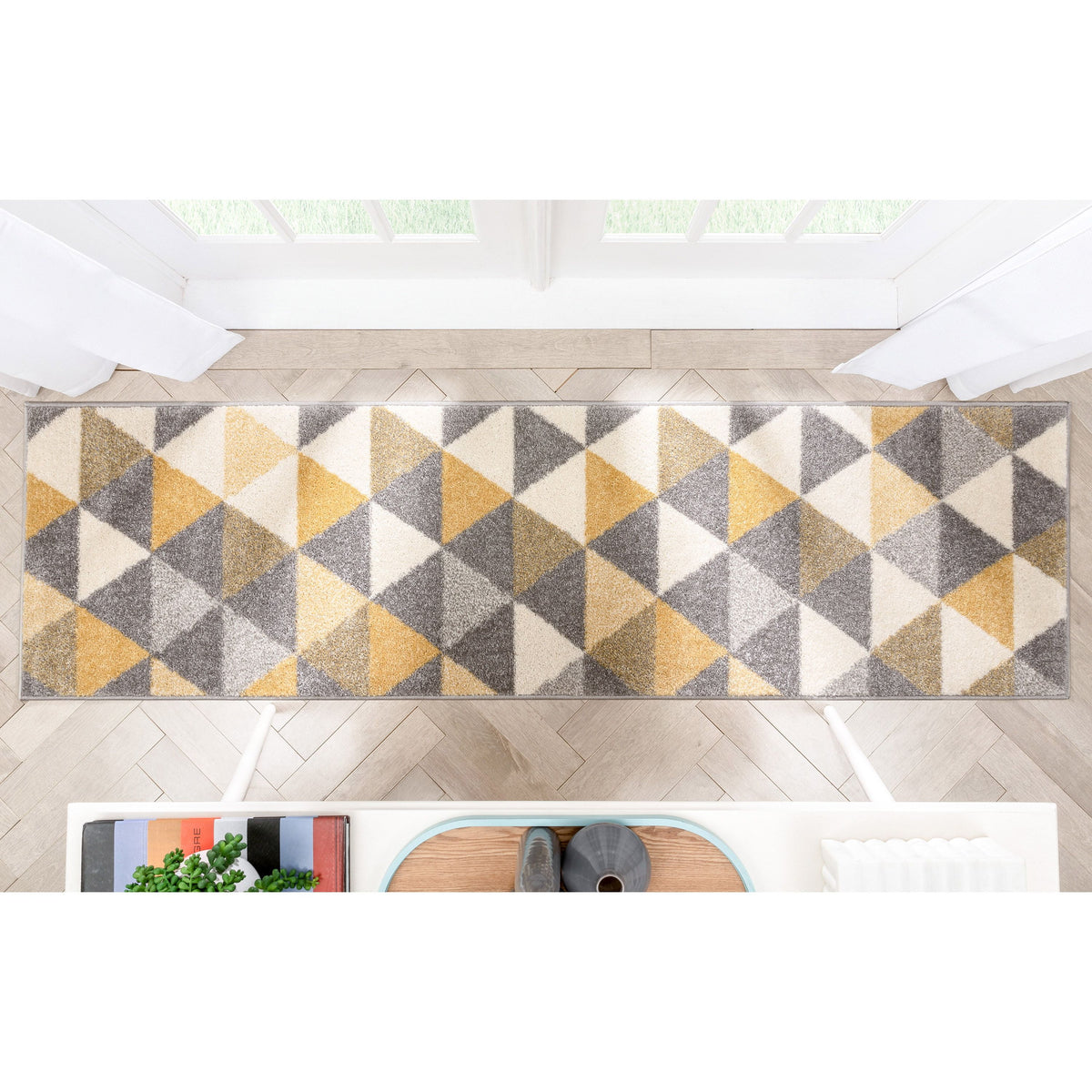 Gold & Grey Geometric Triangle Runner Rug P69509