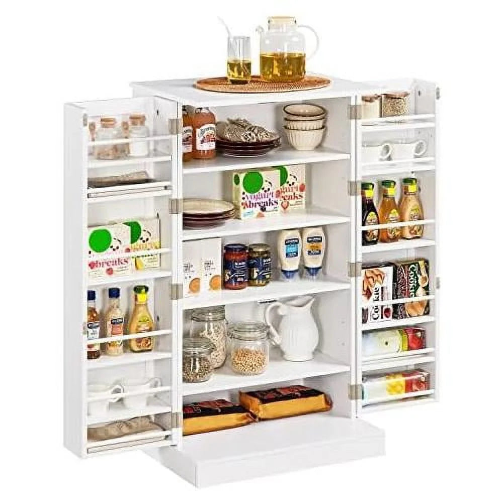 White Wood Pantry Cabinet with Doors and Adjustable Shelves J520166