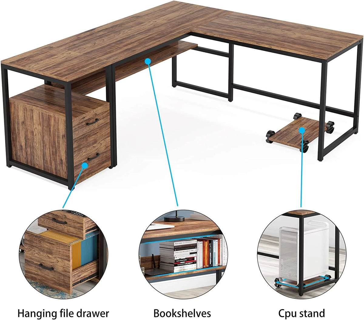 70 Inch L-Shaped Desk with Bookcase Cabinet and Drawers Z72477
