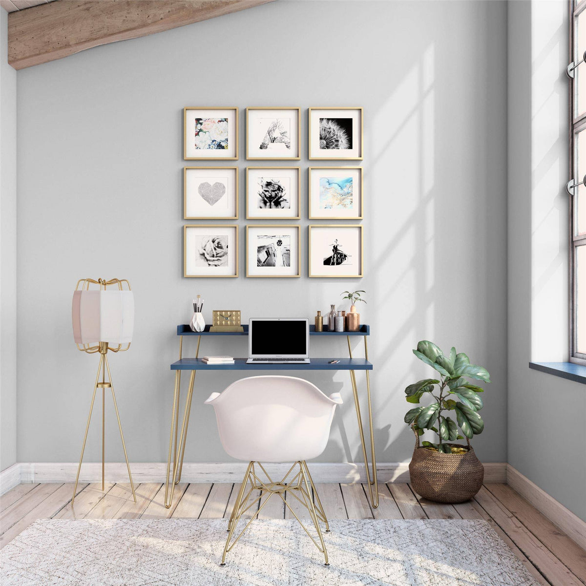 Navy Retro Desk with Riser and Gold Legs H501537