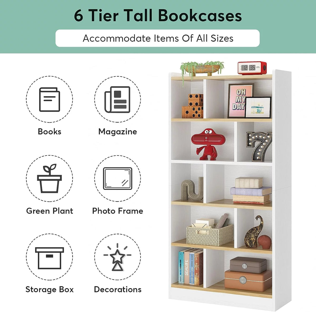 72-inch 6-Tier White Bookcase U4096
