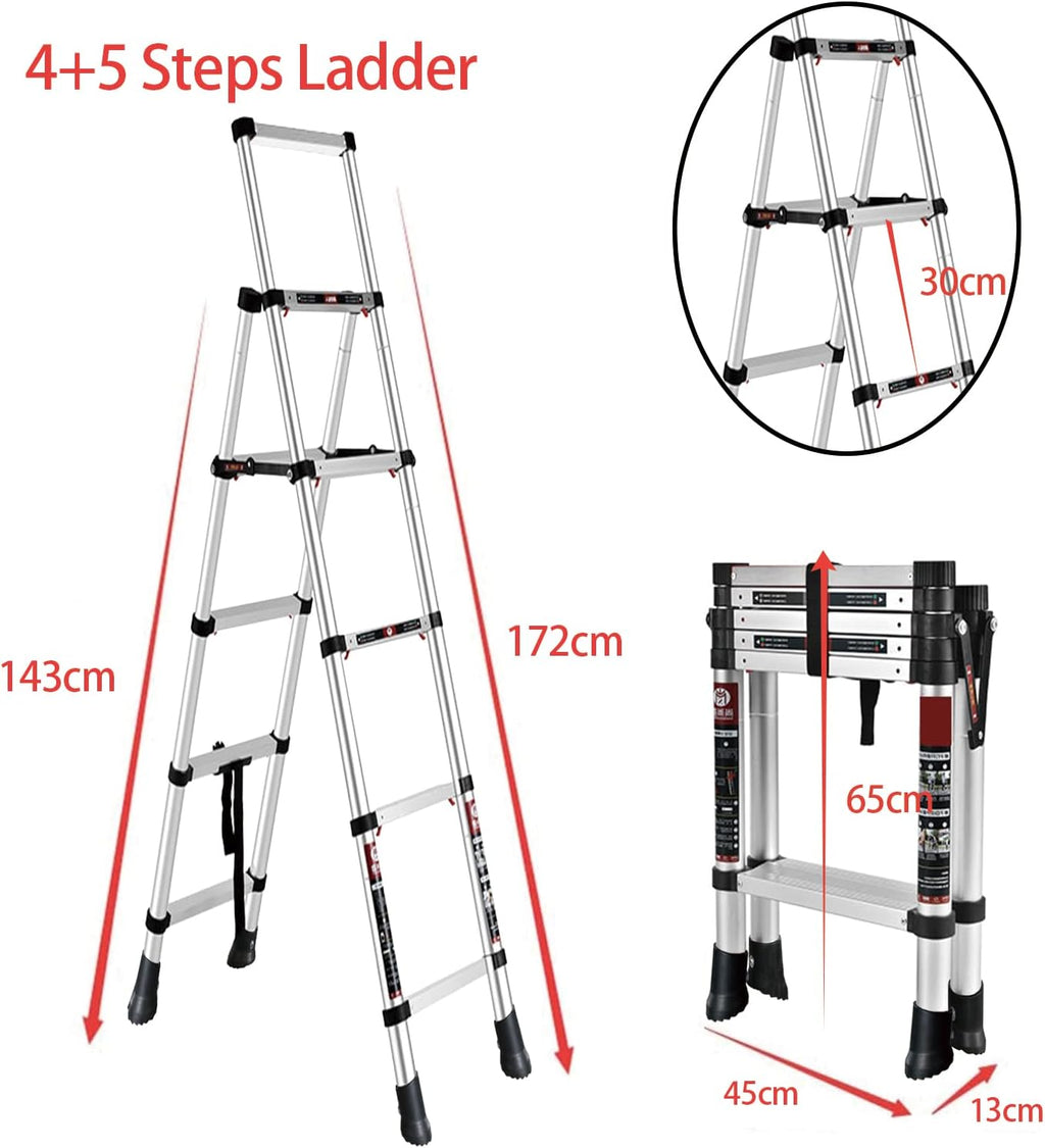 4 + 5 Step Telescoping Ladder, Aluminum Alloy Folding Extendable Ladder with Non-Slip Rubber Feet, 330lbs Load Capacity V578
