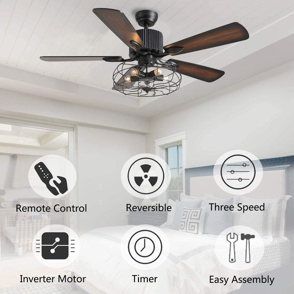 48 Retro Industrial Cage Ceiling Fan with Lights and Remote N7292