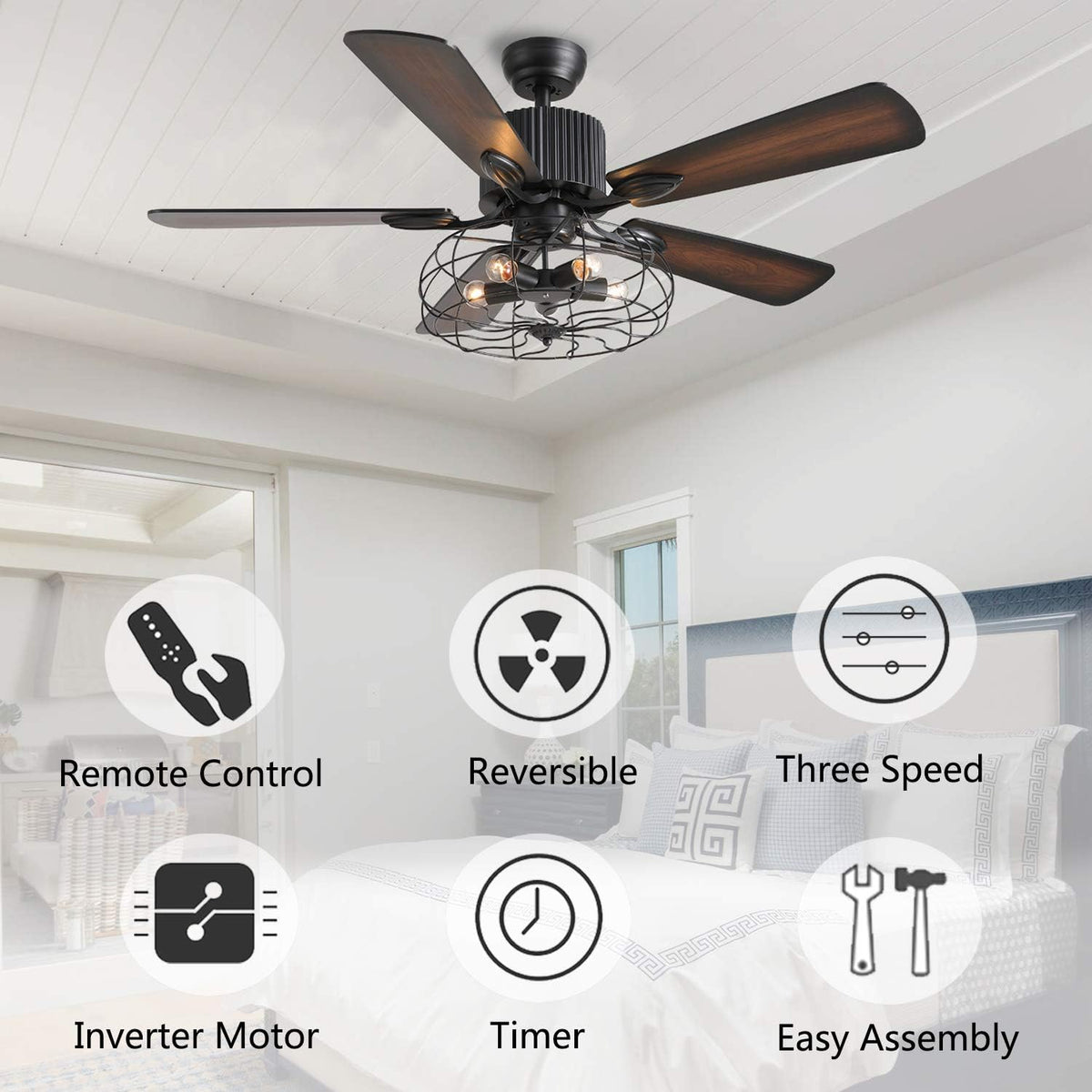 48 Retro Industrial Cage Ceiling Fan with Lights and Remote N7292