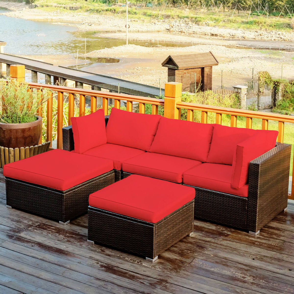 Red 5 Piece Patio Rattan Furniture Set O243885