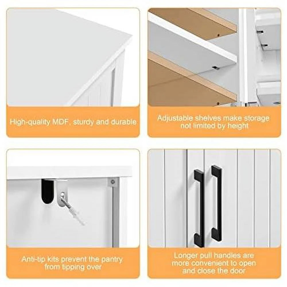 White Wood Pantry Cabinet with Doors and Adjustable Shelves J520166