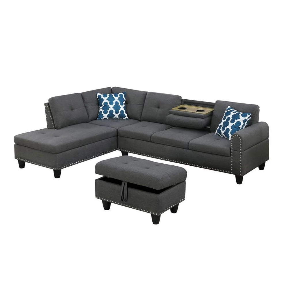 Polyester Fabric Sectional Sofa with Ottoman in Gray G20049