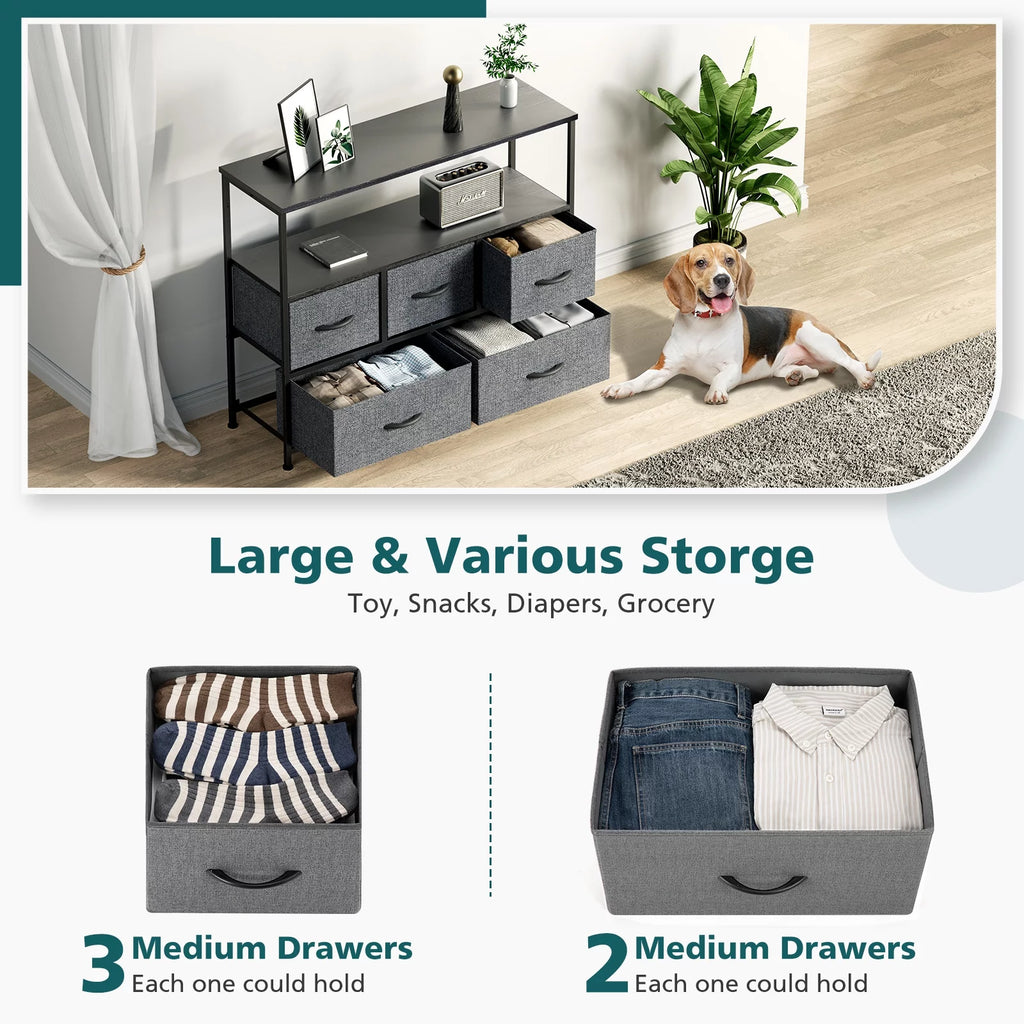 Gray 5 Drawer Fabric Dresser with Wood Shelves X38462
