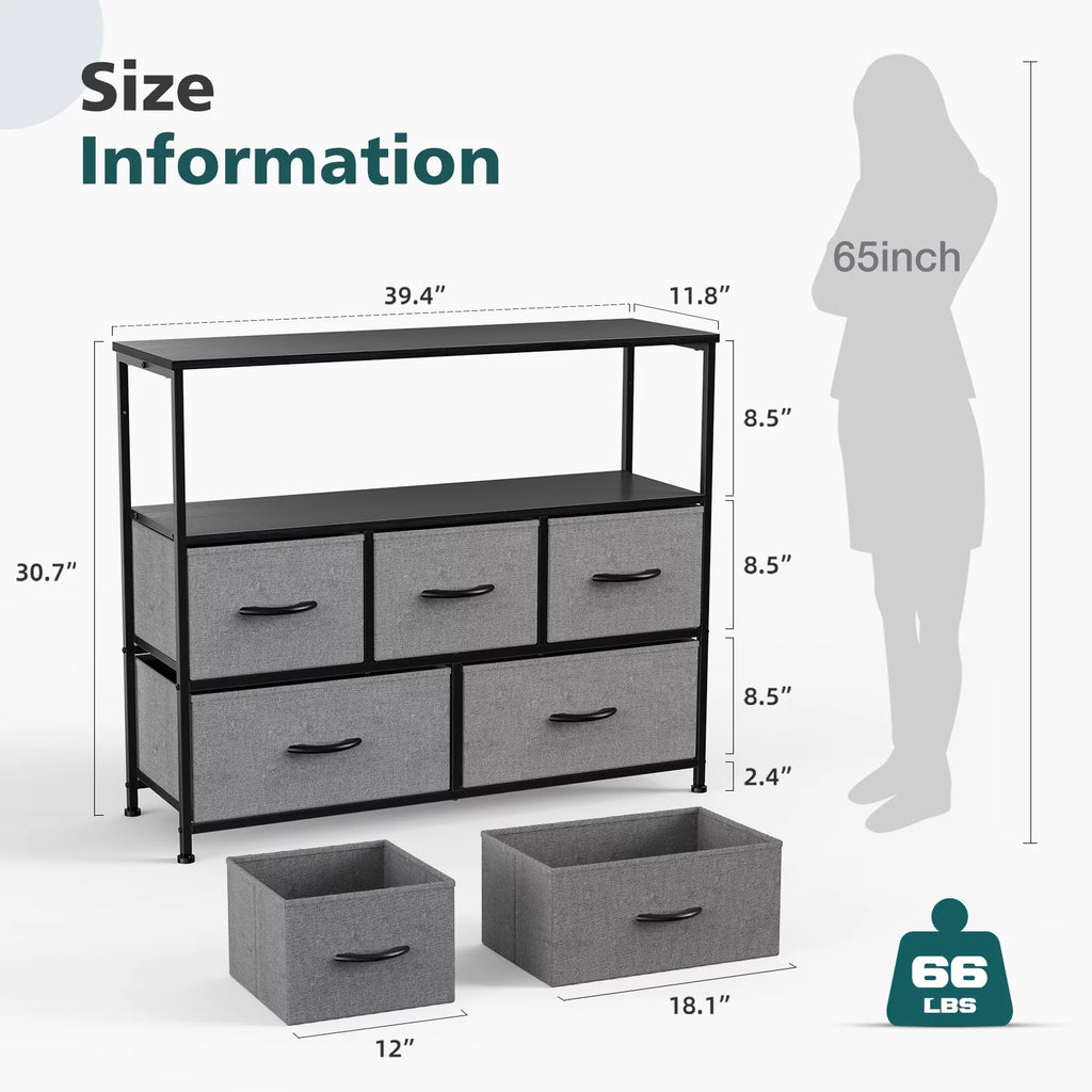 Gray 5 Drawer Fabric Dresser with Wood Shelves X38462